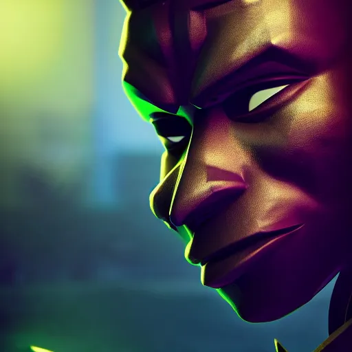 Image similar to Photo of Ekko from League of Legends, profile pose, bust shot, high detail, studio, fantasy, octane 3D, ominous background, sharp telephoto lens, in the style of Pixar