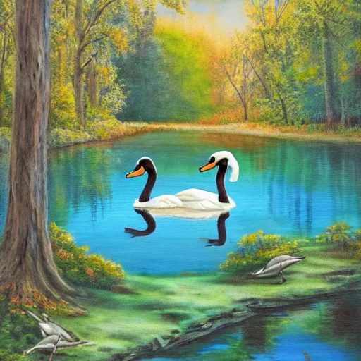 Image similar to painting of a small lake with two swans in it, in a forest, blue water, stunning colors, fairytale