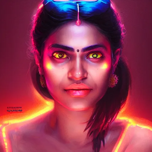 Prompt: portrait of a indian woman with a scaly skin and biotechnical parts and neon light by Artgerm and Greg Rutkowski , digital painting, highly detailed, trending on artstation