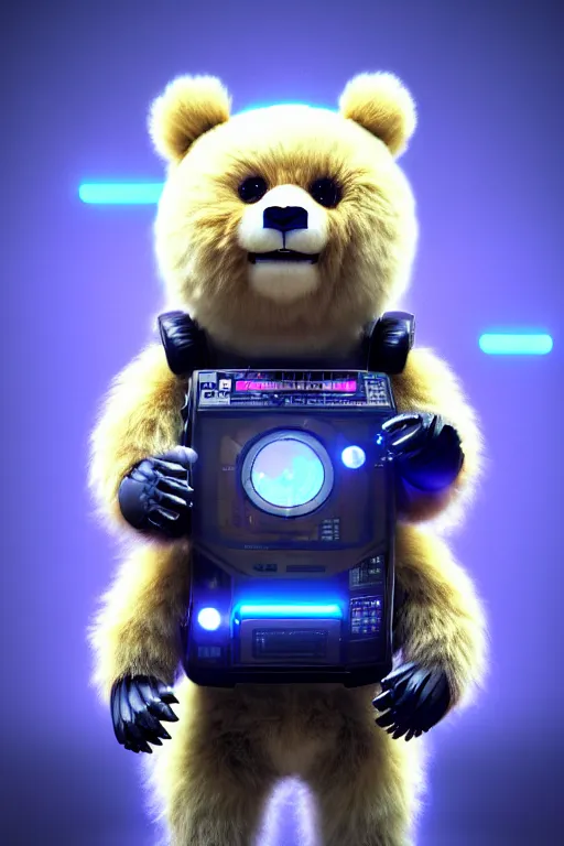 Image similar to high quality 3 d render very cute fluffy cyborg bear! plays electric guitar, cyberpunk highly detailed, unreal engine cinematic smooth, in the style of blade runner & detective pikachu, hannah yata charlie immer, moody light, low angle, uhd 8 k, sharp focus