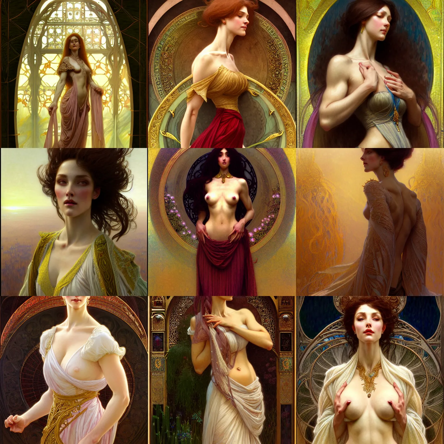 Prompt: character portrait of a modest wife blessed by creation to uncontrollably grow more perfect. tall, feminine, muscular, powerful, modestly clothed, voluminous, intricate, elegant, highly detailed, digital painting, artstation, smooth, symmetrical, sharp focus, illustration, art by gaston bussiere and alphone mucha