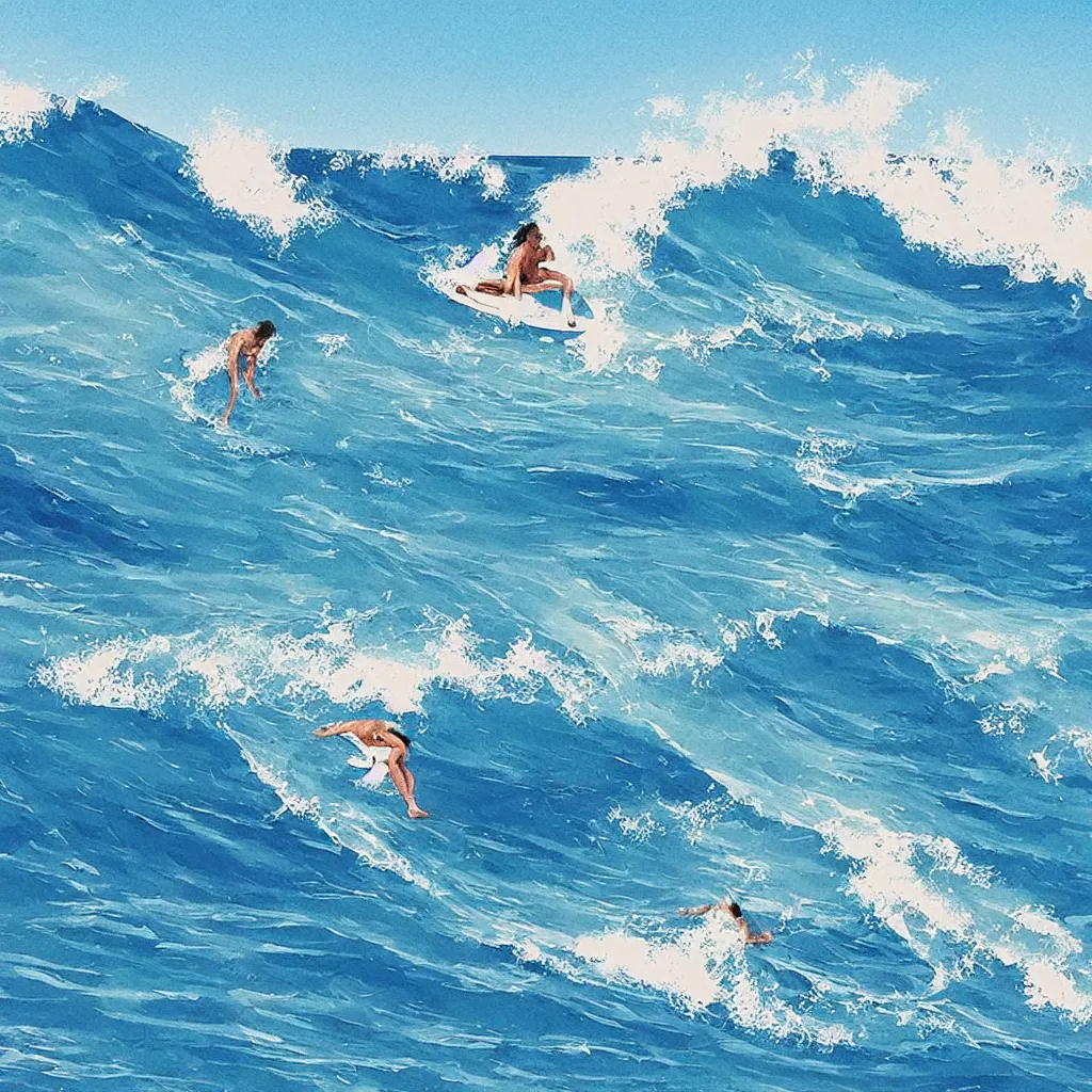 Image similar to “ a person is swimming and scared of getting crushed by a very big wave. a second person is surfing. digital art, cheerful, hawaii, blue sky ”