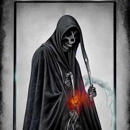 Prompt: Grim reaper playing card, digital art, cinematic, hyper realism, high detail,