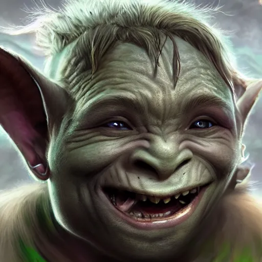 Image similar to a detailed portrait of a cute child orc boy smiling, fantasy art illustration, incredibly highly detailed and realistic, 8 k, sharp focus