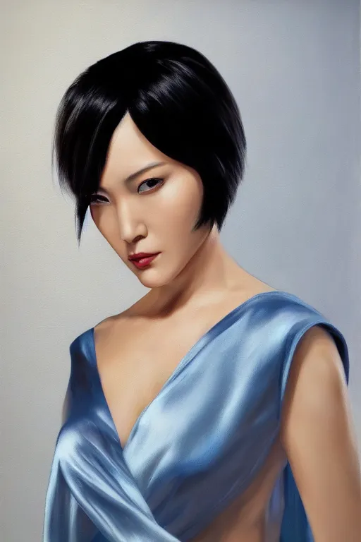 Image similar to hyperrealism close - portrait of ada wong, wearing silver silk robe, blue palette