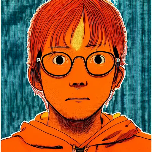 Image similar to a colorful portait of a man with an orange hoodie made by inio asano, detailed