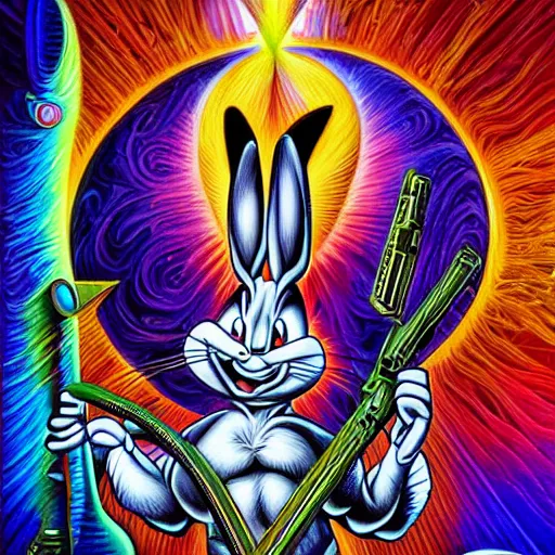 Image similar to Bugs bunny x holding an uzi painting by android jones in the style of cosmic christ by alex grey