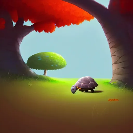 Image similar to Goro Fujita ilustration a cute cartoon turtle happily walking through the forest, painting by Goro Fujita, sharp focus, highly detailed, ArtStation