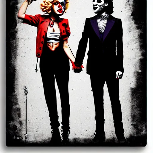 Image similar to mimmo rottela and banksy as joaquin phoenix skinny joker holding hand lady gaga harley queen, photorealistic, intricate details, pop art style, baroque, hyperdetailed, concept art, ultrarealistic, 3 colors, smooth, sharp focus