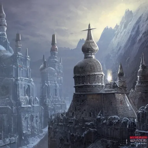 Image similar to The capital of a warhammer 40k imperial russian citadel, black domes and spires, sci fi, located in the frozen northern wastes, snow capped mountains, fantasy, highly detailed, digital painting, artstation, concept art, illustration, art by Bayard Wu and Marc Simonetti and Diego Gisbert Llorens