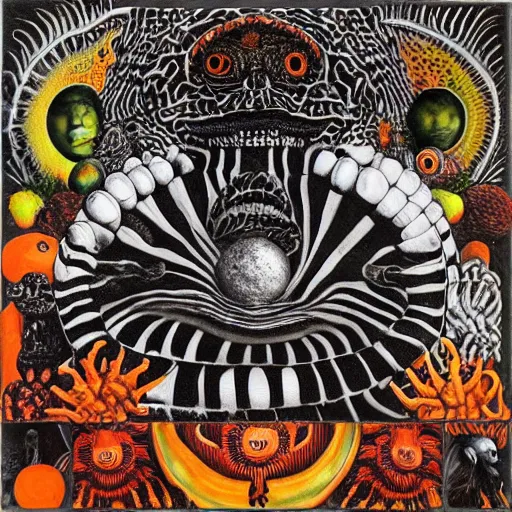 Image similar to black, white, orange album cover, aliens, psychedelic, giuseppe arcimboldo