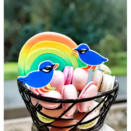 Image similar to A blue jay standing on a large basket of rainbow macarons.