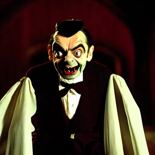 Prompt: mr. bean as dracula. movie still. cinematic lighting.