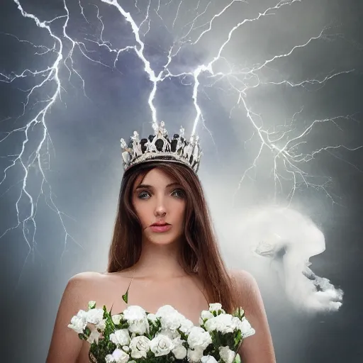 Image similar to a queen with a white large magnificent more and more vaporous ,wrapped ,hight decorated,detailed ,white roses cotton dress shooting surrounded by a bouquet of abstract white flowers and clouds during lightning storm ,surrealism 8k