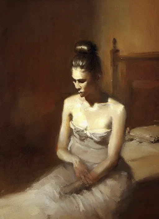 Prompt: beautiful portrait painting of a woman with a bun posing in an artistic pose over a bed, by jeremy mann, only one head single portrait