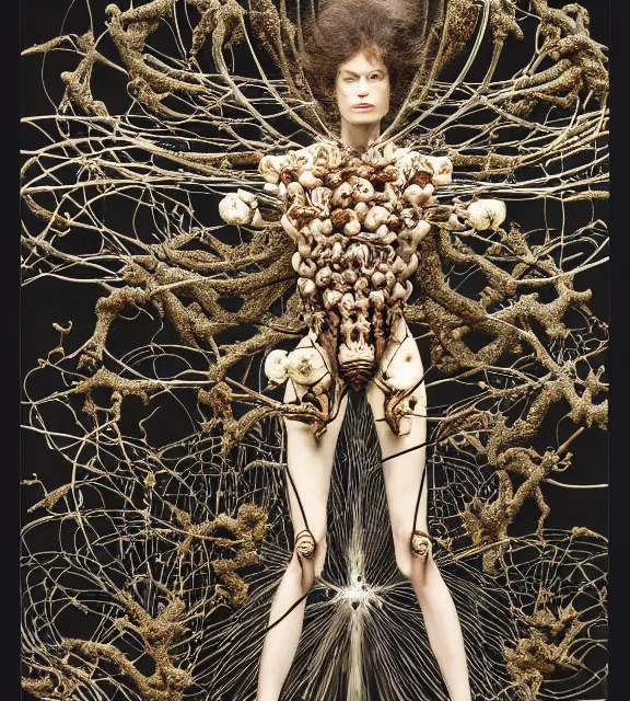 Image similar to still frame from Prometheus, biomechanical gaia sowing in blossoming mycelium gardens by Neri Oxman and alexander mcqueen, metal couture haute couture editorial by giger by utagawa kuniyoshi