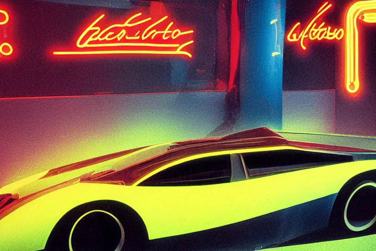 Prompt: designed by Giorgetto Giugiaro stylized poster of the Batmobile, thick neon lights, ektachrome photograph, volumetric lighting, f8 aperture, cinematic Eastman 5384 film