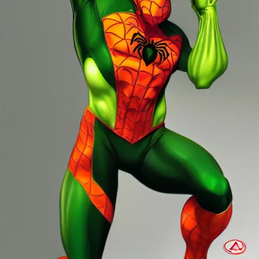 Prompt: an orange and green spiderman by artgerm