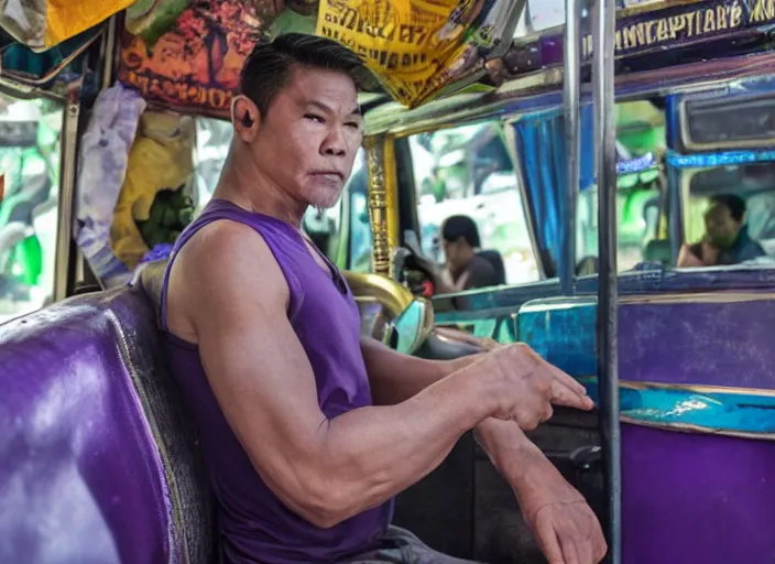 Image similar to thanos wearing a tanktop in a jeepney, real life photograph, award winning photograph, 4 k, high definition