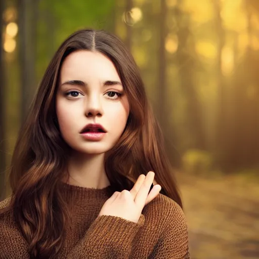 Image similar to real life photo of a beautiful girl, full body photoshoot, long brown hair, brown eyes, full round face, short smile, dark brown sweater, forest setting, cinematic lightning, medium shot, mid - shot, highly detailed, trending on artstation, unreal engine 4 k, 8 0 mm, 8 5 mm, cinematic wallpaper