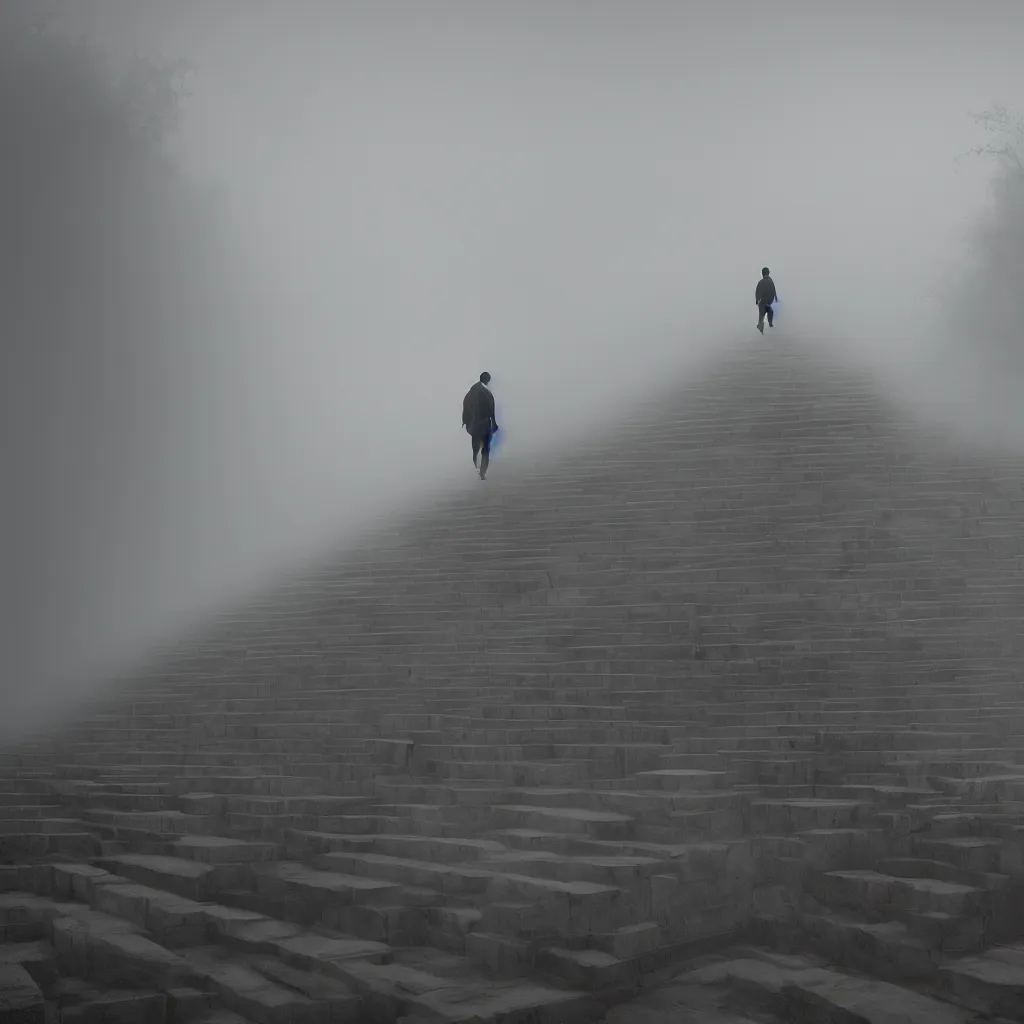 Image similar to a man walking up a set of stairs in the clouds, an ambient occlusion render by wang yuan, cg society contest winner, interactive art, made of mist