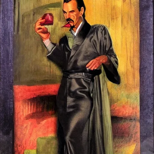 Prompt: vincent price as billionaire howard hughes in exotic fantasy satin robes and high collar, vivid, renaissance, illustration, dynamic and dramatic, highly detailed, rough paper, dark, oil painting