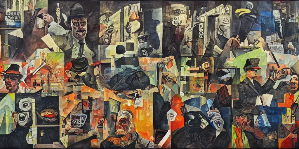 Prompt: bank robbery collage, acrylic on canvas, expressionism movement, breathtaking detailed, by blake neubert
