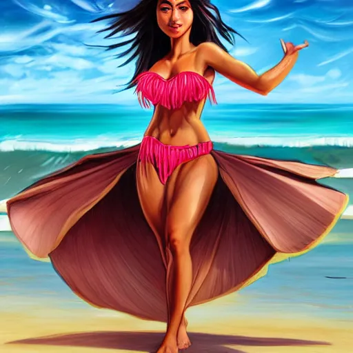 Image similar to beautiful hula dancer in a bikini on the beach drawn by artgerm