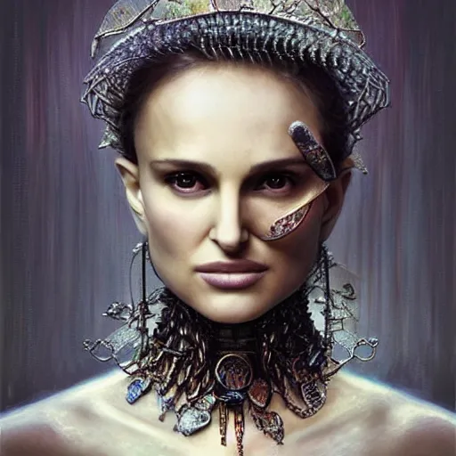 Prompt: “Natalie Portman highly detailed portrait, organic cyborg, raku, diffuse lighting, fantasy, intricate, elegant, highly detailed, lifelike, photorealistic, digital painting, artstation, illustration, concept art, smooth, sharp focus, art by John Collier and Albert Aublet and Krenz Cushart and Artem Demura and Alphonse Mucha”