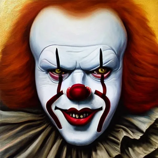 Image similar to pennywise, oil on canvas, renaissance era