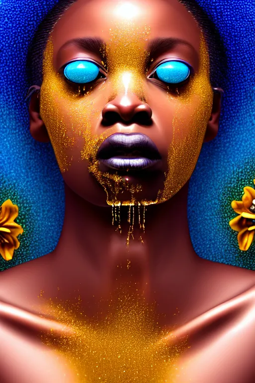 Prompt: hyperrealistic precisionist cinematic profile very beautiful! black oshun goddess, dancing in water!, mirror dripping droplet!, gold flowers, highly detailed face, digital art masterpiece, smooth eric zener cam de leon, dramatic pearlescent turquoise light on one side, low angle uhd 8 k, shallow depth of field