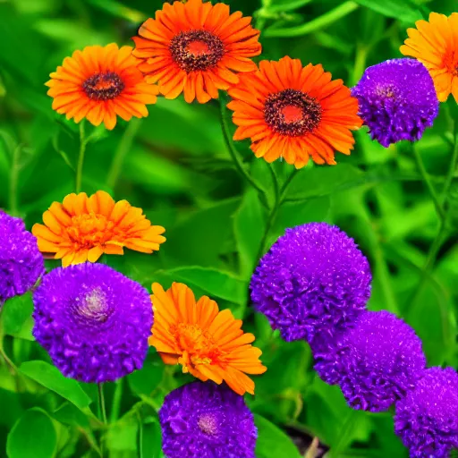 Prompt: purple orange and green, flowers