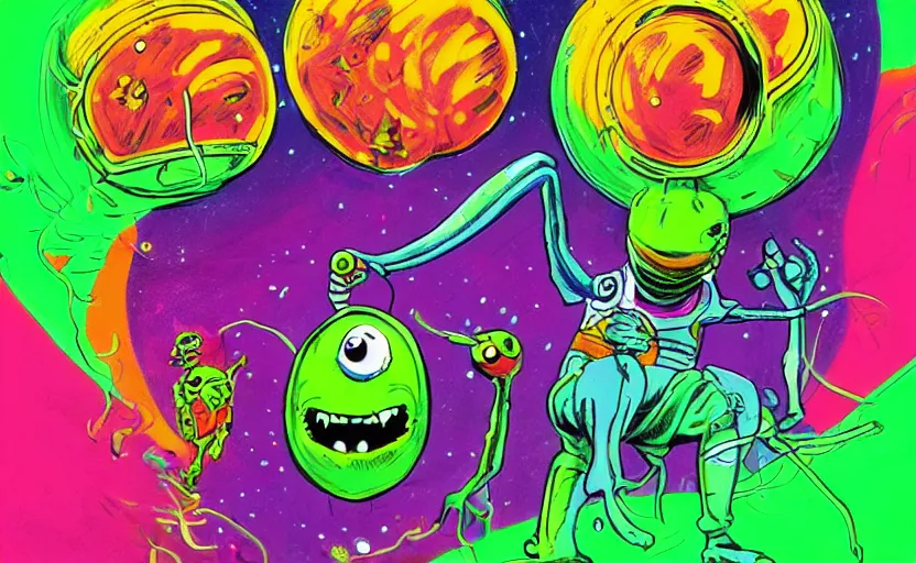 Prompt: alien tennis ball monsters in space, colorful neon, digital art, fantasy, magic, chalk, trending on artstation, ultra detailed, professional illustration by basil gogos