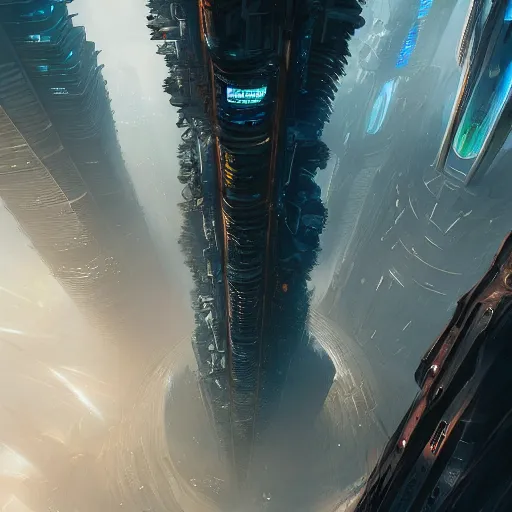 Prompt: concept art of vertical endless city/tower trending on Artstation, by Daniel Dociu and Greg Rutkowski, cyberpunk, sci-fi, futuristic, megastructure, skyscraper, high quality, ultra detailed, ultra realistic
