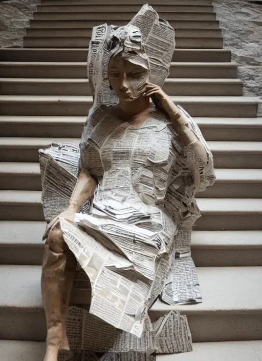 Image similar to a portrait of a beautiful young woman paper mache wrapped and made of newspaper, sitting relax and happy, marble stairs on the the background hyper realistic, 8 k,