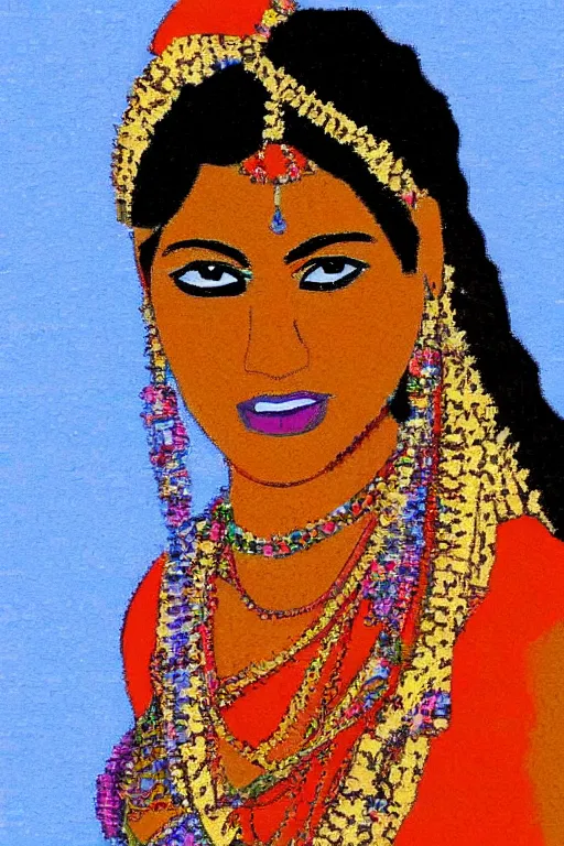 Prompt: indian princess, gorgeous, close - up portrait, mspaint. crude. low quality low - res, grainy. poorly rated