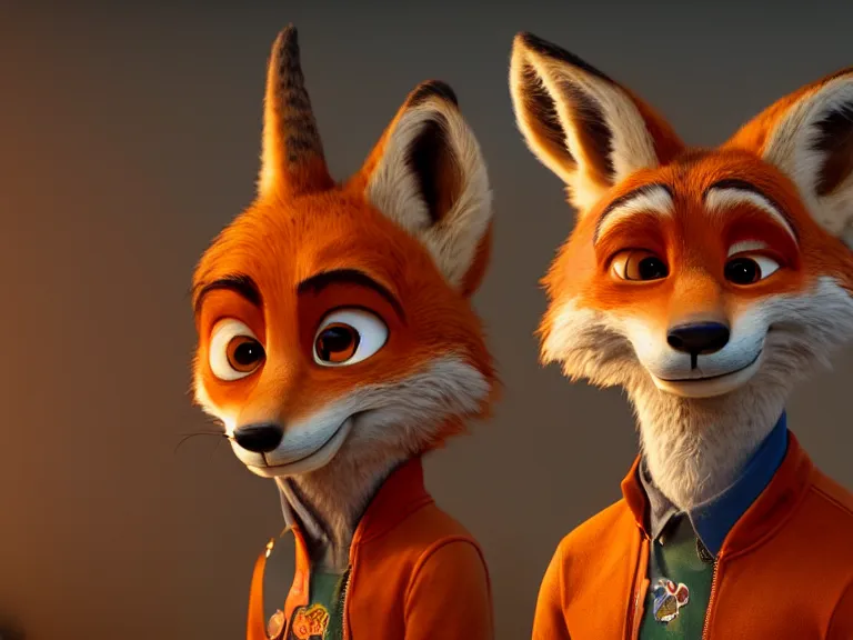 Prompt: a film still from zootopia main character portrait anthro anthropomorphic fox head animal person fursona nick wilde pixar and disney animation, sharp, rendered in unreal engine 5, anime key art by greg rutkowski, bloom, dramatic lighting chaotic cursed werewolf