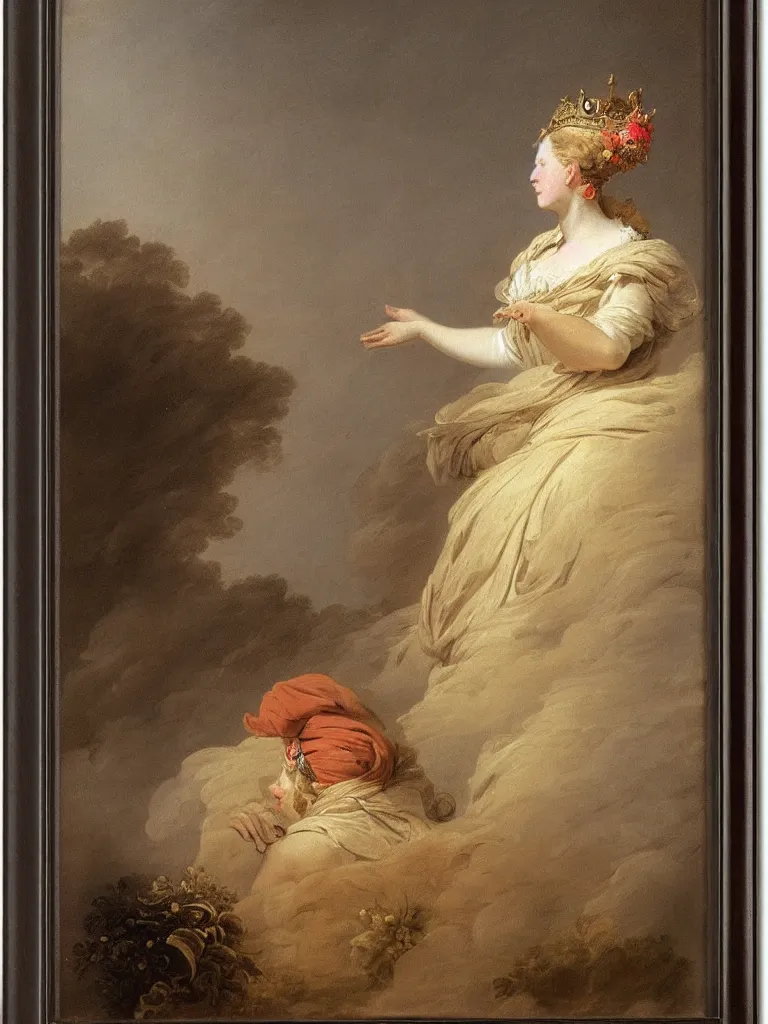 Prompt: portrait of a lonely female soldier floating in the air, wearing a crown, by jean honore fragonard