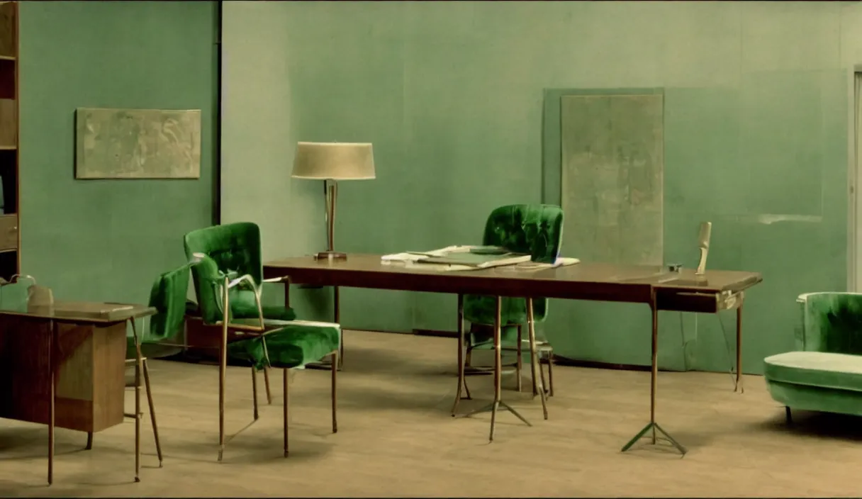 Image similar to a still of severance series indoor 7 0 s green velvet and wood with metal furniture office scenario appearing in a film of jacques tati