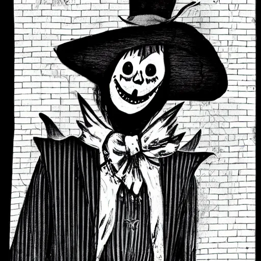 Image similar to a Pop Wonder scary horror themed goofy-hilarious-character Babadook-scarecrow-madhatter-williewonka-wearing a scarf, 3-piece-suit, dime-store-comic drawn with charcoal and pen and ink, half-tone-line-stacking