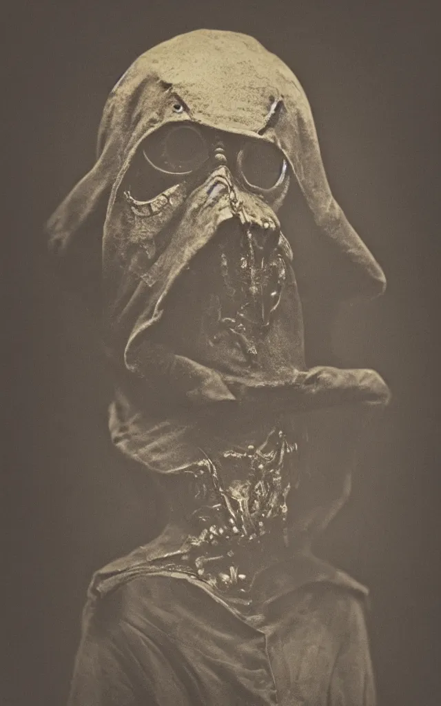 Image similar to portrait of an undead mutant plague doctor, daguerreotype, studio lighting, hyperrealistic, ultra detailed