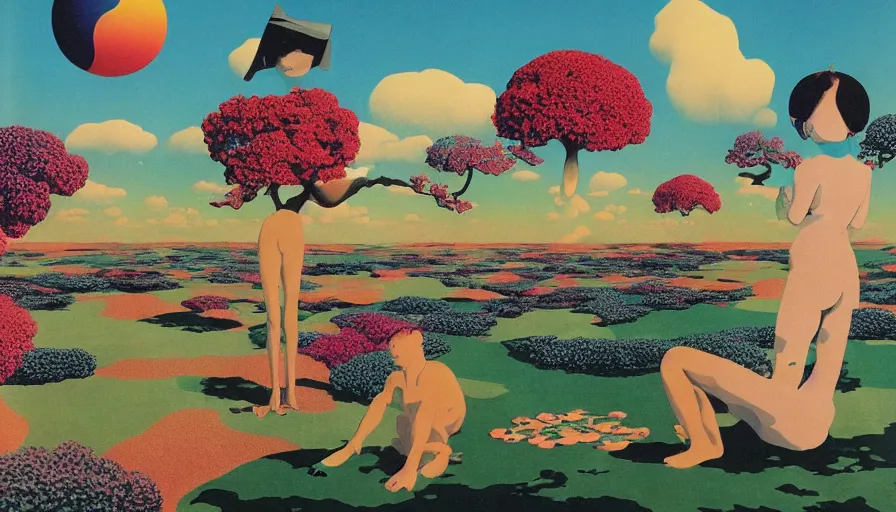 Image similar to Japan rural splendor travel and tourism c2050, surrealist psychedelic collage painting in the style of Forbes magazine, +81 magazine, Magritte, Roger Dean, Yoshio Awazu, vivid color