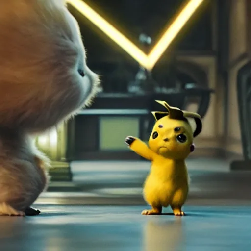 Prompt: a caravaggio artwork film still of detective pikachu, artwork by caravaggio