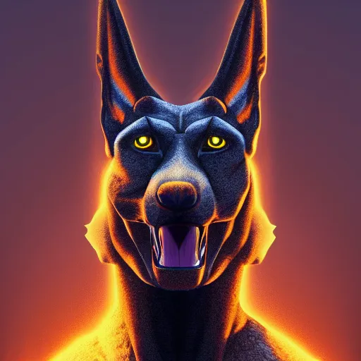 Image similar to A portrait of Anubis, he is glaring at the viewer and there is fire behind him, beautiful digital art trending on artstation, 4k, greg rutowski, extremely detailed, vivid three point lighting, backlit fur