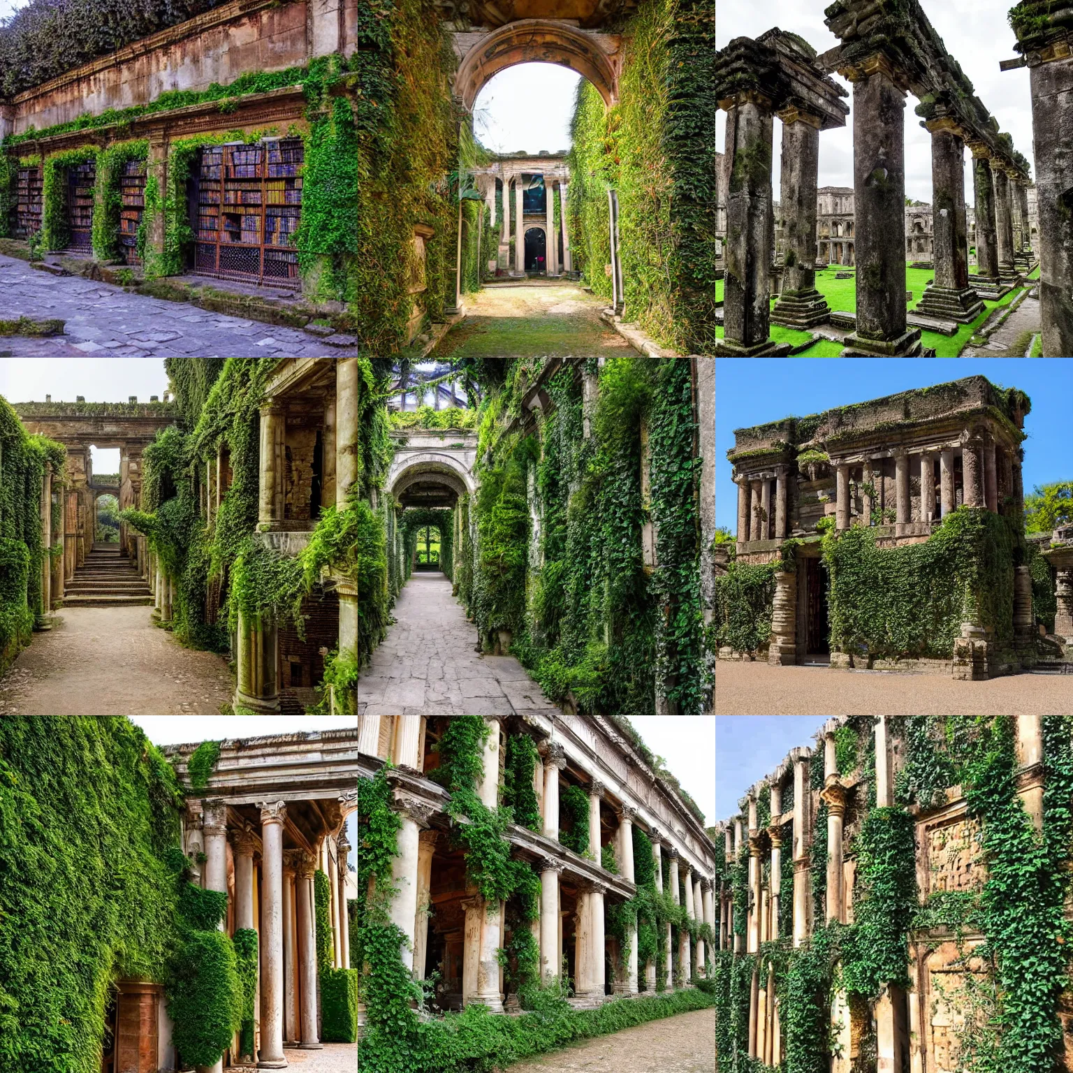 Prompt: ancient city covered with ivy, with massive and luxurious ancient roman library with pillars, in the shape of a palace