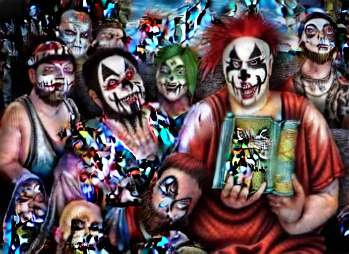 Image similar to Juggalos reading the bible, photo realistic, 8k, detailed,