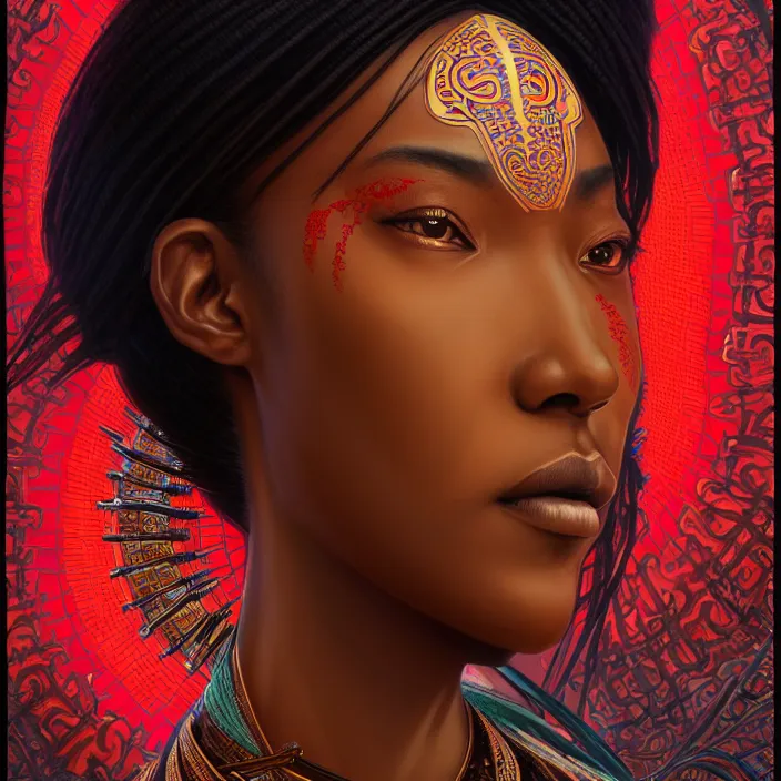 Image similar to symmetry! portrait of a hybrid african woman, face decorated with chinese opera motifs, leds horizon zero dawn machine, intricate, elegant, highly detailed, digital painting, artstation, concept art, smooth, sharp focus, illustration, art by artgerm and greg rutkowski and alphonse mucha, 8 k