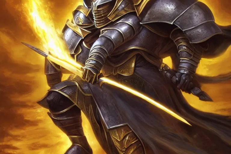 Image similar to an ultra detailed portrait of saladin as a warhammer paladin charging into battle wearing bright gold armor and huge flaming longsword blessed by god, epic anime fantasy, 8 k, volumetric lighting, smooth, highly detailed, digital illustration, art by kentaro miura and akira toriyama and artgerm
