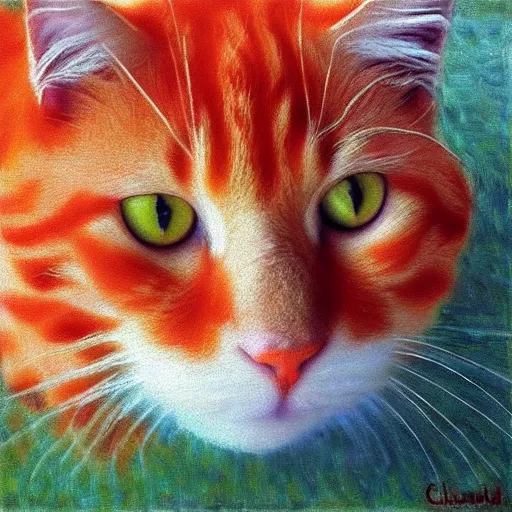 Prompt: “ fluffy orange cat, 4 k, by claude monet ”