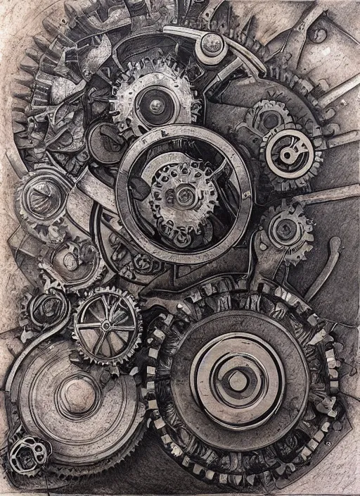 Prompt: A large mechanical gear, by artgerm, mixed media on toned paper, 2021, very detailed, coffee art